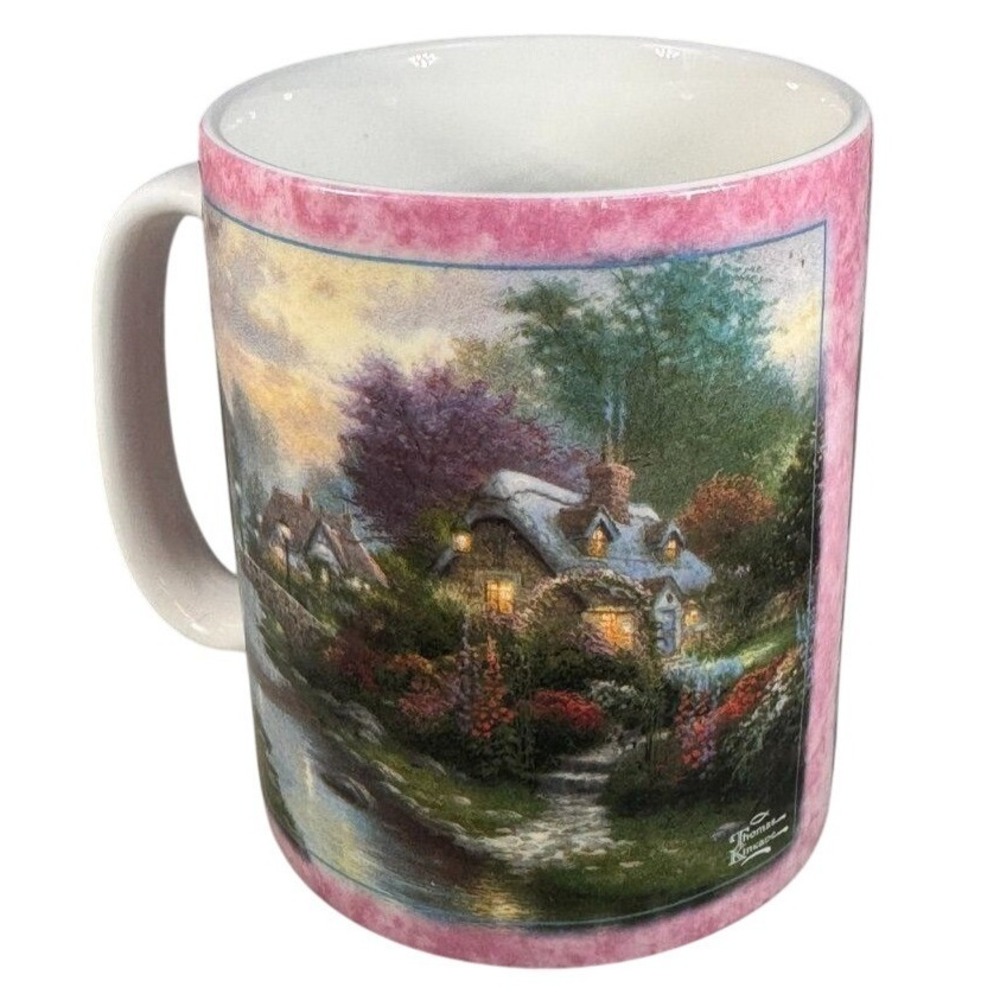 Thomas Kinkade Lamplight Bridge‎ Coffee Mug AMCAL Pink Trim Cottage Artwork